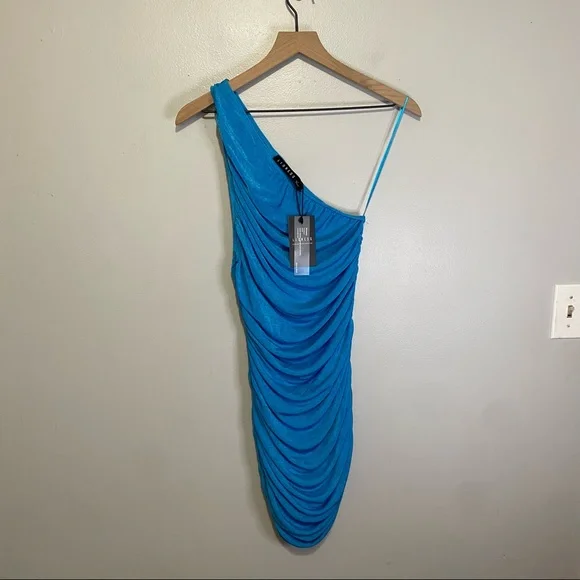 Lioness NWT The Goddess Mini Ruched Dress Womens S One Shoulder Blue New Short - Picture 2 of 8